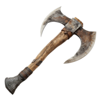 Ancient Double Bit Axe with Ornate Hilt and Weathered Blades, Medieval Weapon Replica, Fantasy Battle Axe, Rustic Wood Handle, Decorative Collectible png