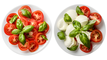 Two Plates with Bright Tomatoes and White Mozzarella Salad Featuring Fresh Basil Leaves on Transparent Background png