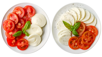 Two Plates Displaying Sliced Tomatoes and Mozzarella Cheese with Basil Leaves on a White Transparent Background png