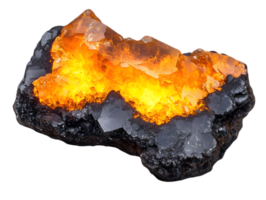 Vibrant Orange Crystal Cluster with Black Matrix Against Transparent Backdrop Displaying Geometric Texture and Sparkling Luster in Mineral Stone Specimen png