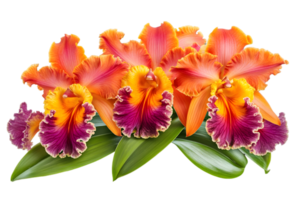 Vibrant Orchid Blooms Displaying Intricate Petals in Orange Purple and Yellow with Green Leaves on Transparent Background png