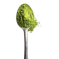 A spoonful of vibrant green matcha powder with a scattering of dust, showcasing its texture and color against a white background png