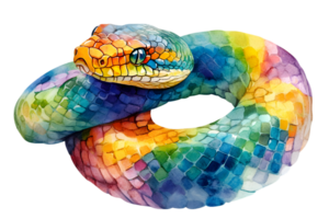 Vibrant Watercolor Rainbow Serpent Coiled on Transparent Background a Colorful Reptilian Animal Artwork with Detailed Scales Pattern and Abstract Design png