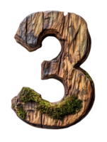 Wooden Number Three with Moss Detail on Transparent Background Nature Inspired Carved Digit with Organic Texture Isolated Macro Image png