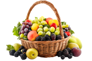 Wicker Basket Filled with Fresh Summer Fruits and Berries on a Transparent Background png