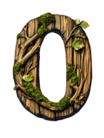 de madeira número zero adornado com musgo e galhos em transparente pano de fundo mostrando natural e rústico estilo png