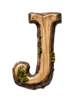 Wooden Letter J with Moss Growing in a Transparent Background Alphabet Decor png