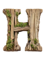 Wooden Letter H with Moss Decoration on Transparent Background Isolated 3D Rendered Rustic Alphabet for Creative Design and Decorative Typography png
