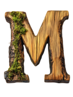 Wooden Letter M with Moss on Transparent Background in Detailed Carving Texture Rustic Style with Natural Elements png