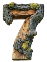 Wooden Number Seven Made of Tree Trunk with Moss on Transparent Background Isolated Macro Shot png