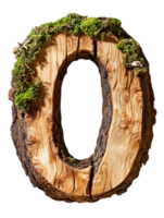 Wooden Number Zero Carved from Tree Bark with Moss on Top Isolated on Black Background png