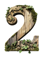 Wooden Number Two Character with Moss and Ivy on Transparent Background Detailed Macro Shot png