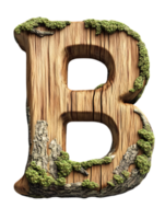 Wooden Letter B Adorned with Moss on Transparent Background Detailed Three Dimensional Render of a Carved Alphabet Character for Nature Inspired Design png