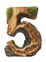 Wooden Number Five with Moss Growth Isolated on Transparent Background Detailed 3D Rendered Rustic Design Element Numeral Sign png