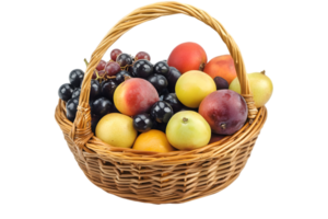 Wicker Basket Filled with Colorful Fresh Fruits like Apples Pears and Grapes Against Transparent Background in Studio Shot Still Life Arrangement png