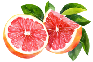 Watercolor Illustration of Sliced Grapefruit with Green Leaves on Transparent Background A Refreshing Citrus Fruit Rich in Vitamins png