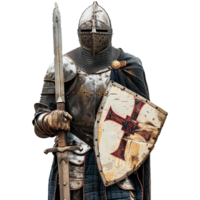 A Medieval Knight in Full Armor Holding a Sword and Shield png