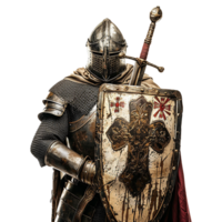 A medieval knight in full armor stands proudly holding a sword and shield png