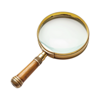 Antique Magnifying Glass with Wooden Handle and Gold Frame Closeup Detailed View png