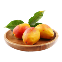 Three Ripe Mangoes on a Wooden Plate with Green Leaves png