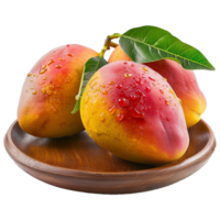 Three Ripe Juicy Mangos on a Wooden Plate with Green Leaves png