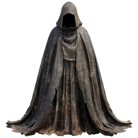 Mysterious Figure in a Dark and Distressed Hooded Cloak Rendered in 3D png