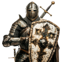 A medieval knight in full battle armor stands ready for combat, wielding a sword and shield png