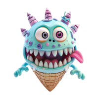 A whimsical 3D rendered ice cream monster with big teeth and a playful expression png