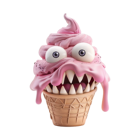 A terrifying pink ice cream monster with big eyes and sharp teeth, melting down a waffle cone png