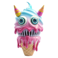 A whimsical 3D rendering of a melting ice cream monster with pastel colors and unicorn horns png