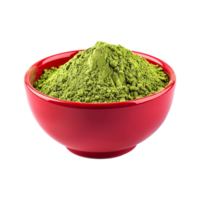 A red bowl filled with a generous amount of vibrant green matcha powder, a finely ground green tea powder, showcasing its rich texture and color against a white background png