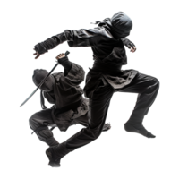 Two Ninjas in Dynamic Action Pose Leaping and Fighting with a Katana png