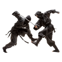 Two Ninjas in Dynamic Combat Action Pose with Swords png