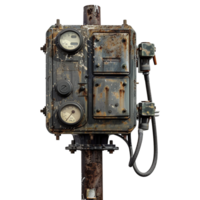 A weathered and rusty industrial control box mounted on a pole, featuring multiple gauges and connections png