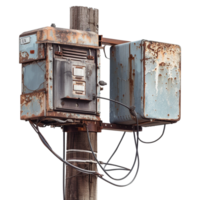 A weathered and rusty electrical box and meter mounted on a wooden utility pole, showing signs of age and deterioration png