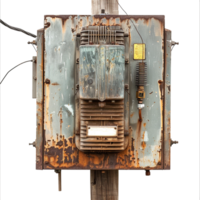 Rusty Old Electrical Box on Wooden Pole with Attached Wires and Components png