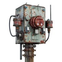 Rusty Old Electrical Box on Wooden Post with Multiple Gauges and Hoses png
