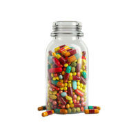 A Clear Glass Bottle Filled with Assorted Colorful Pills and Capsules png