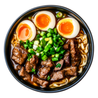 Delicious Bowl of Noodles with Beef and Soft Boiled Eggs png