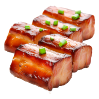 Cooked meat slices with glaze and green onion garnish on png