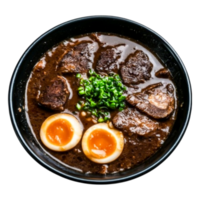 Savory Bowl of Rich Beef Ramen with Soft Boiled Eggs and Green Onions png