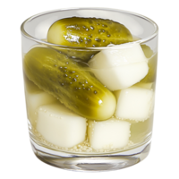 Pickles and Cubes in Glass Container with Vinegar and Spices png