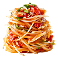 Delicious Pile of Colorful Spaghetti with Mixed Vegetables and Sauce png