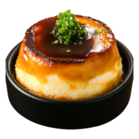 Creamy Caramel Custard Dessert with Green Onion Garnish png