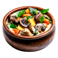 Delicious Vegetable and Mushroom Stew in Rustic Wooden Bowl png