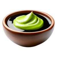 Fresh Green Wasabi Paste in Wooden Bowl with Black Sauce Background png