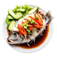 Freshly Cooked Whole Fish Dish with Vegetables and Green Sauce Presentation png