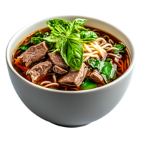 Delicious beef noodle soup with fresh basil and vibrant vegetables png
