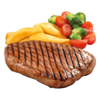 Grilled Steak with Fresh Vegetables and Colorful Fruit on Plate png