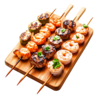 Grilled Shrimp and Scallop Skewers on Wooden Platter with Fresh Garnish png